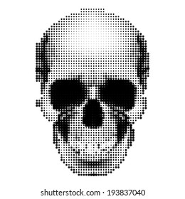 Halftone skull image in black and white. Danger sign