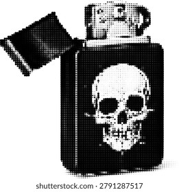 Halftone skull on lighter vector design with dotted retro grunge aesthetic