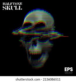 Halftone Skull. Vector illustration from 3d rendering of glitched screaming skull in RGB color mode horizontal line halftone vintage style design.