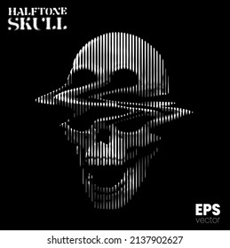 Halftone Skull. Vector illustration from 3d rendering of glitched screaming skull in black and white vertical line halftone vintage style design.