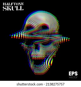 Halftone Skull. Vector illustration from 3d rendering of glitched screaming skull in RGB color mode wavy line halftone vintage style design.