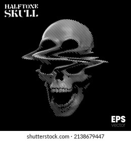 Halftone Skull. Vector illustration from 3d rendering of glitched screaming skull in black and white tilted line halftone vintage style design.