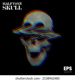 Halftone Skull. Vector illustration from 3d rendering of glitched screaming skull in RGB color mode circle line halftone vintage style design.