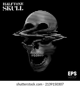 Halftone Skull. Vector illustration from 3d rendering of glitched screaming skull in black and white horizontal line halftone vintage style design.