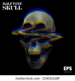 Halftone Skull. Vector illustration from 3d rendering of glitched screaming skull in RGB color mode vertical line halftone vintage style design.