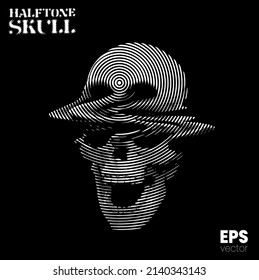 Halftone Skull. Vector illustration from 3d rendering of glitched screaming skull in black and white circle line halftone vintage style design.