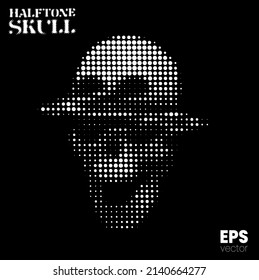 Halftone Skull. Vector illustration from 3d rendering of glitched screaming skull in black and white dot halftone vintage style design.