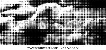 Halftone sky background with clouds. Black and white vintage bg. Newspaper print effect