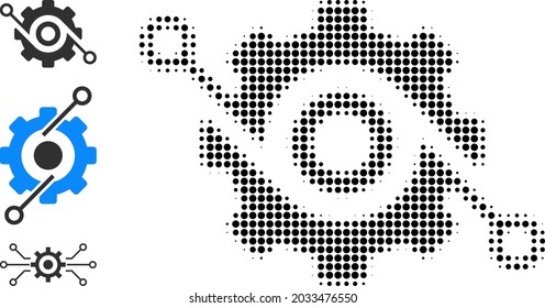 Halftone smart gear. Dotted smart gear made with small circle dots. Vector illustration of smart gear icon on a white background. Halftone pattern contains round dots.