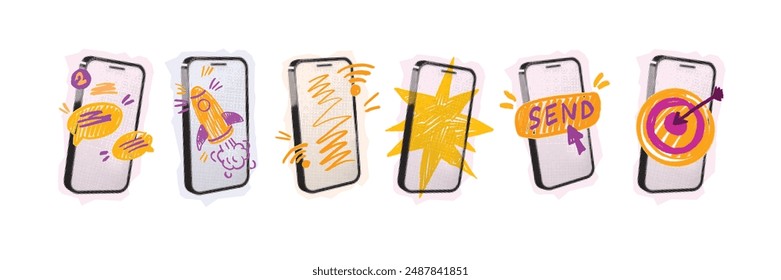 Halftone smartphone collage set, vector phone screen business communication doodle, message screen. Social media hand drawn scribble, chat notification, rocket, SMM target. Halftone smartphone pop art