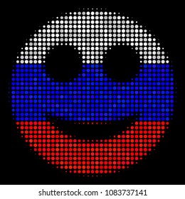 Halftone Smile pictogram colored in Russian state flag colors on a dark background. Vector concept of smile icon formed with spheric blots. Designed for political and Russian patriotic applications.