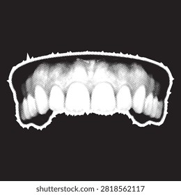 Halftone smile with teeth in dramatic lighting against a dark background for graphic design