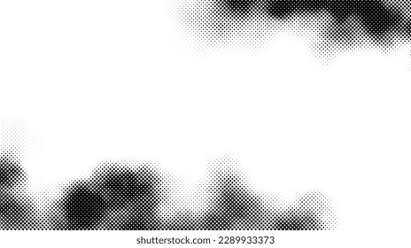 Halftone smoke frame texture. Black and white dotted fog or smog background. Comic pop art style design element for banners, collages, posters. Monochrome grunge wallpaper. Vector 