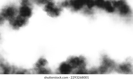 Halftone smoke frame texture. Black and white dotted fog or smog background. Comic style design element for banners, collages, posters, flyers. Monochrome grunge wallpaper. Vector 
