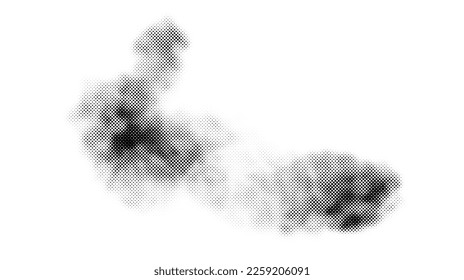 Halftone smoke texture. Black and white dotted fog cloud background. Comic and pop art style design element. Monochrome grunge abstract wallpaper. 