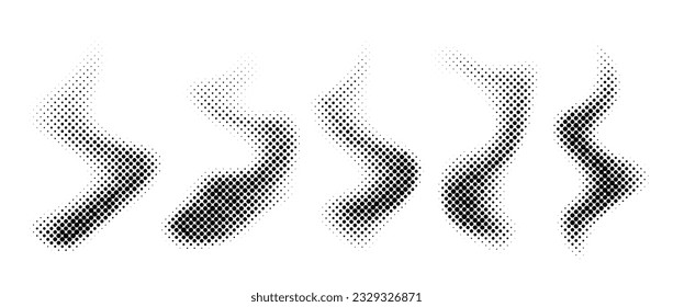 Colección de textura de humo de semitono. Conjunto de fondo de niebla punteada en blanco y negro. Elemento de diseño de nube de humos de estilo cómico. Formas onduladas pixeladas monocromáticas. Vector 