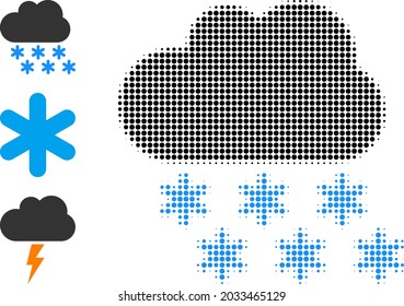 Halftone snow cloud. Dotted snow cloud generated with small circle points. Vector illustration of snow cloud icon on a white background. Halftone pattern contains circle points.