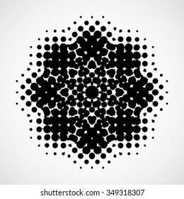 Halftone snowflake. Abstract black and white isolated modern design element