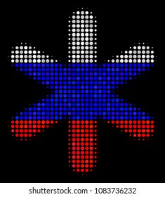 Halftone Snowflake icon colored in Russian official flag colors on a dark background. Vector composition of snowflake icon combined of spheric spots.
