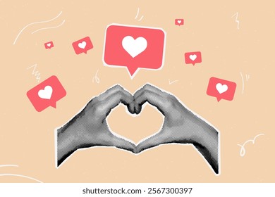 Halftone social media like. Realistic hands with heart gesture paper vintage collage, love art concept influence feedback n public or personal internet network vector illustration original artwork