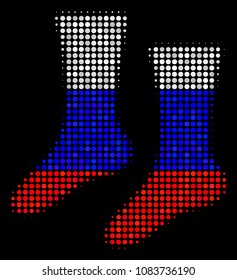 Halftone Socks icon colored in Russian state flag colors on a dark background. Vector collage of socks icon made with circle items. Designed for political and Russian patriotic collages.