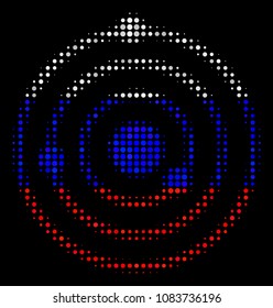 Halftone Solar System pictogram colored in Russia official flag colors on a dark background. Vector mosaic of solar system icon created with spheric spots.