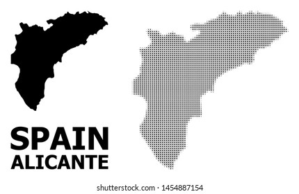 Halftone and solid map of Alicante Province composition illustration. Vector map of Alicante Province composition of x-cross elements on a white background.