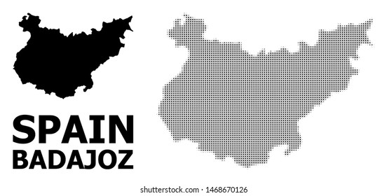 Halftone and solid map of Badajoz Province composition illustration. Vector map of Badajoz Province composition of x-cross spots on a white background.
