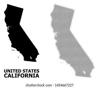 Halftone and solid map of California composition illustration. Vector map of California composition of x-cross items on a white background. Abstract flat territory plan for education illustrations.