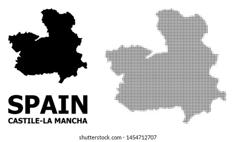 Halftone and solid map of Castile-La Mancha Province composition illustration. Vector map of Castile-La Mancha Province composition of x-cross spots on a white background.