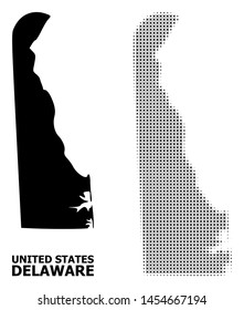 Halftone and solid map of Delaware State composition illustration. Vector map of Delaware State composition of x-cross spots on a white background.