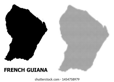 Halftone and solid map of French Guiana composition illustration. Vector map of French Guiana composition of x-cross spots on a white background.