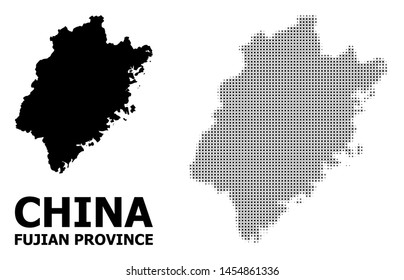 Halftone and solid map of Fujian Province mosaic illustration. Vector map of Fujian Province composition of x-cross spots on a white background. Abstract flat territory plan for educational templates.