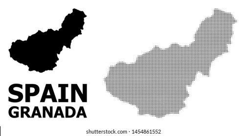 Halftone and solid map of Granada Province composition illustration. Vector map of Granada Province composition of x-cross items on a white background.