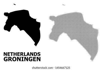 Halftone and solid map of Groningen Province composition illustration. Vector map of Groningen Province composition of x-cross spots on a white background.