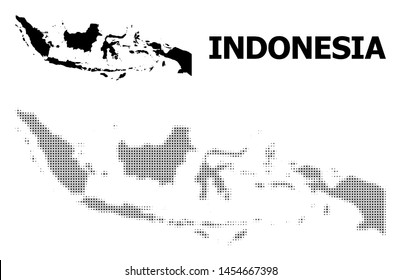 Halftone and solid map of Indonesia composition illustration. Vector map of Indonesia composition of x-cross elements on a white background. Abstract flat territory scheme for political illustrations.