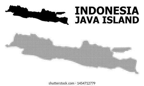 Halftone and solid map of Java Island collage illustration. Vector map of Java Island composition of x-cross items on a white background. Abstract flat geographic scheme for educational illustrations.