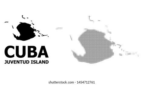 Halftone and solid map of Juventud Island mosaic illustration. Vector map of Juventud Island composition of x-cross spots on a white background. Abstract flat territory plan for political purposes.