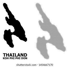 Halftone and solid map of Koh Phi Don composition illustration. Vector map of Koh Phi Don composition of x-cross items on a white background.