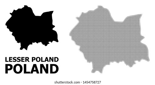 Halftone and solid map of Lesser Poland Province collage illustration. Vector map of Lesser Poland Province composition of x-cross items on a white background.