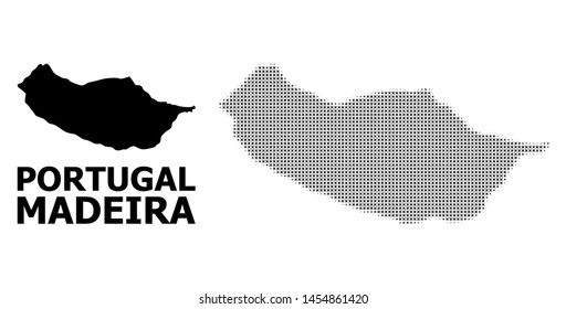 Halftone and solid map of Madeira Island composition illustration. Vector map of Madeira Island composition of x-cross spots on a white background.