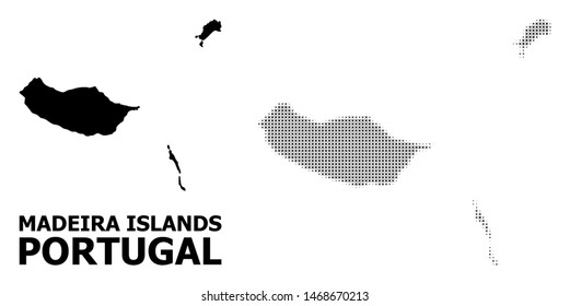 Halftone and solid map of Madeira Islands composition illustration. Vector map of Madeira Islands composition of x-cross elements on a white background.