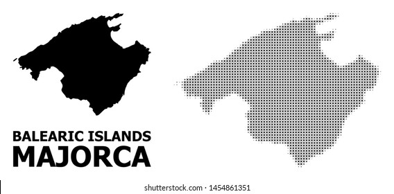 Halftone and solid map of Majorca composition illustration. Vector map of Majorca composition of x-cross items on a white background. Abstract flat geographic plan for educational illustrations.