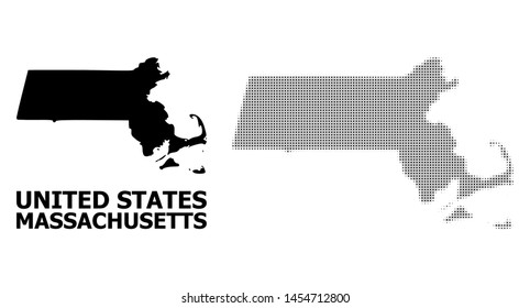 Halftone and solid map of Massachusetts State composition illustration. Vector map of Massachusetts State composition of x-cross spots on a white background.