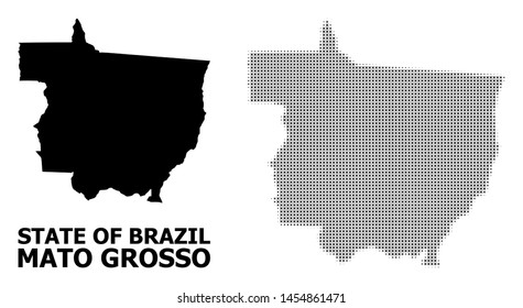 Halftone and solid map of Mato Grosso State composition illustration. Vector map of Mato Grosso State composition of x-cross spots on a white background.