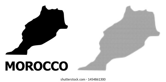 Halftone and solid map of Morocco composition illustration. Vector map of Morocco composition of x-cross elements on a white background. Abstract flat territorial plan for education illustrations.