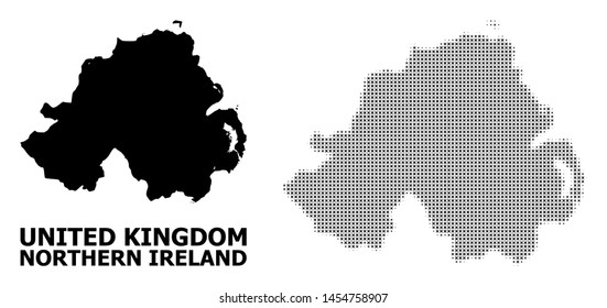 Halftone and solid map of Northern Ireland composition illustration. Vector map of Northern Ireland composition of x-cross elements on a white background.