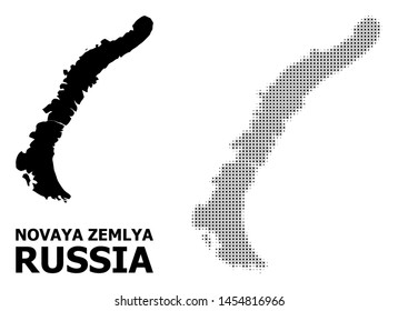 Halftone and solid map of Novaya Zemlya Islands composition illustration. Vector map of Novaya Zemlya Islands composition of x-cross items on a white background.