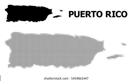 Halftone and solid map of Puerto Rico composition illustration. Vector map of Puerto Rico composition of x-cross spots on a white background. Abstract flat territory scheme for political purposes.