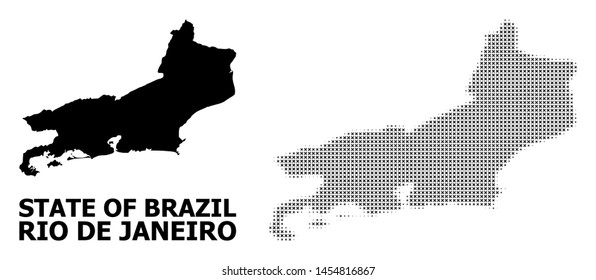 Halftone and solid map of Rio de Janeiro State composition illustration. Vector map of Rio de Janeiro State composition of x-cross spots on a white background.